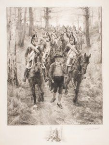 Caballería francesa viajando por los bosques con guía, grabado por Achilles Jacquet de Jean Louis Ernest Meissonier